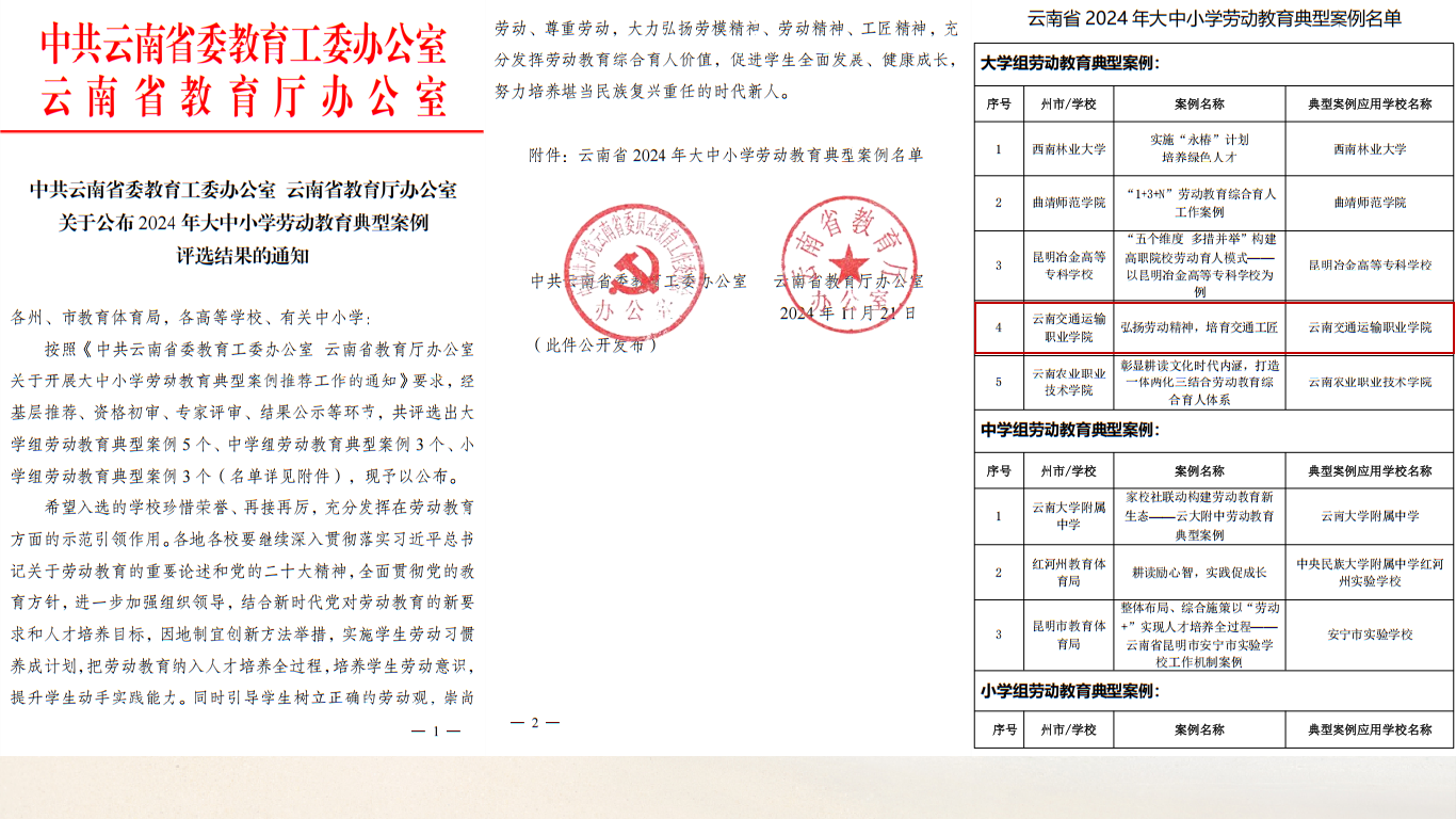 云南省2024年大中小学劳动教育典型案例评选结果